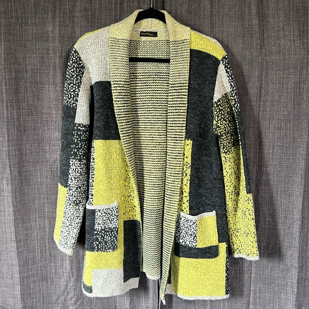 Christine Phillipe limelight and gray knit sweater cardigan with pockets large